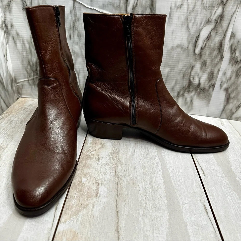 Men Classic Warm Brown Leather Resoled Office Side Zip Dress Boots Stacked Heel